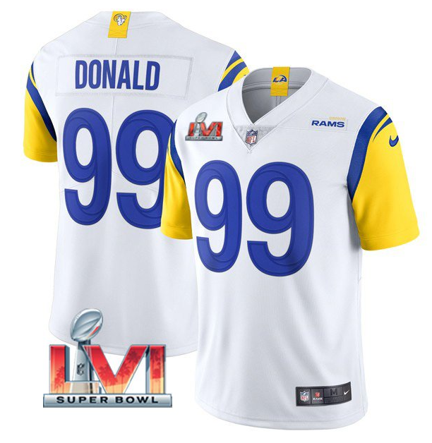 Women's Los Angeles Rams #99 Aaron Donald 2022 White Super Bowl LVI Vapor Limited Stitched Jersey(Run Small) Women's Los Angeles Rams #99 Aaron Donald 2022 White Super Bowl LVI Vapor Limited Stitched Jersey(Run Small)
